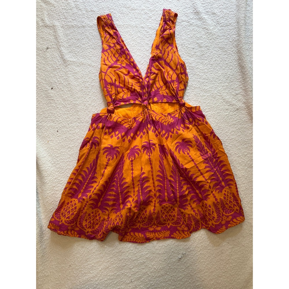 Farm Rio Orange Magenta Tropical Pineapple Palm Cut Out Mini Dress Womens Medium